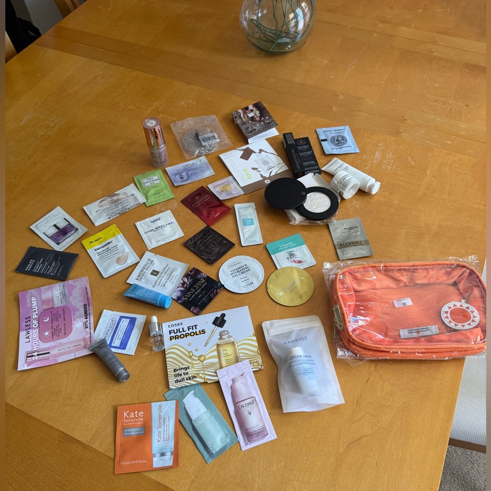 37 pcs: Makeup Skincare and Hair Samples Travel Case Mirror and Eye Gel Coolers